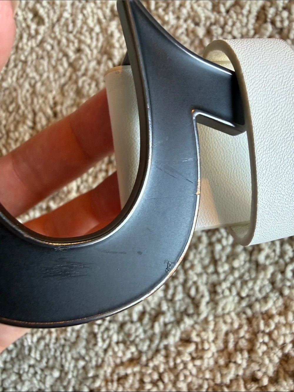 True Religion White Leather Belt with Black Horseshoe Buckle
